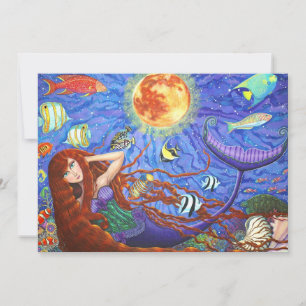 Redhead Mermaid in Corset with Moon and Fish