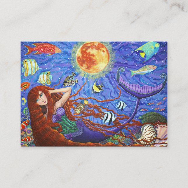 Redhead Mermaid in Corset with Moon and Fish Business Card (Front)