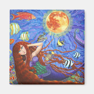 Redhead Mermaid in Corset with Moon and Fish Magnet