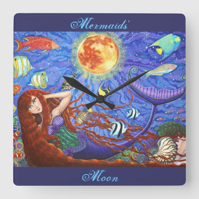 Redhead Mermaid in Corset with Moon and Fish Square Wall Clock (Front)