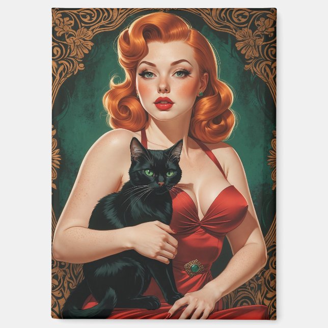 Redhead Pin-Up and Black Cat  Magnet (Front)