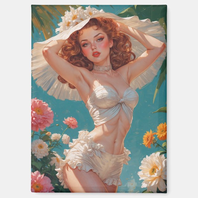 Redhead Pin-Up Daisy Hat Floral Magnet (Front)