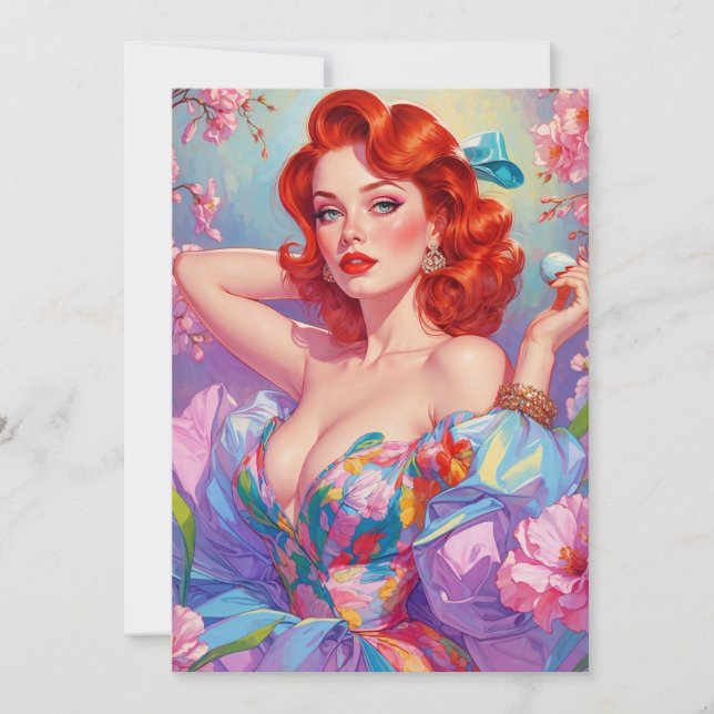 Redhead Pin-Up with Easter Egg Pink Flowers Holiday Card (Front)