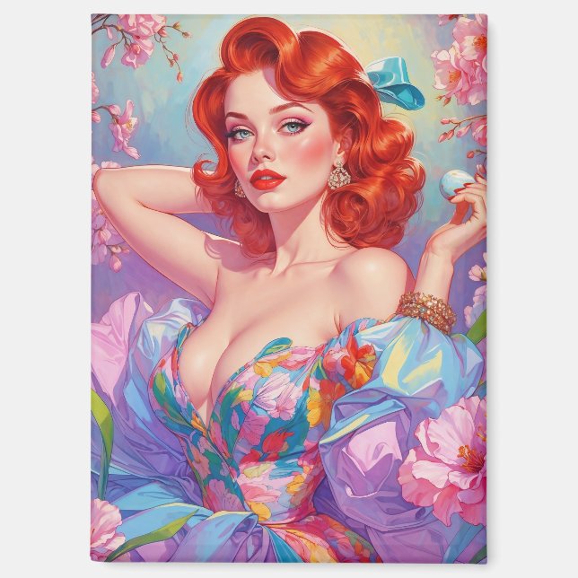 Redhead Pin-Up with Easter Egg Pink Flowers Magnet (Front)