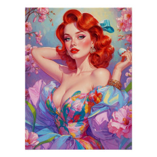 Redhead Pin-Up with Easter Egg Pink Flowers Poster