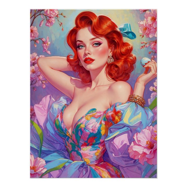 Redhead Pin-Up with Easter Egg Pink Flowers Poster (Front)