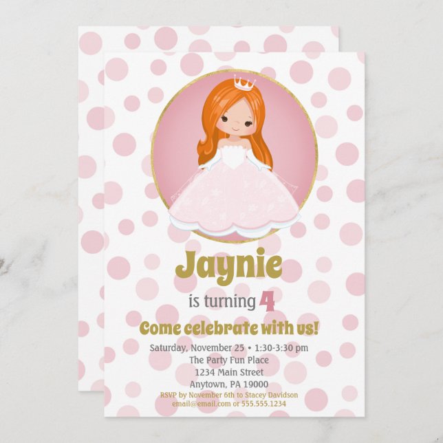 Redhead Pink Princess Girls Birthday Invitation (Front/Back)