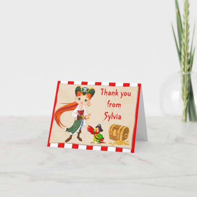 Redhead Pirate Girl Birthday Thank You Note Card (Front)