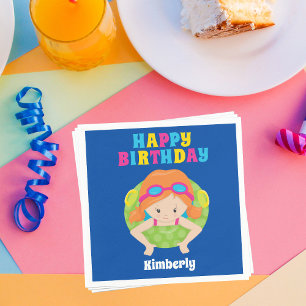 Redhead Swim Girl Custom Pool Party Happy Birthday Napkin