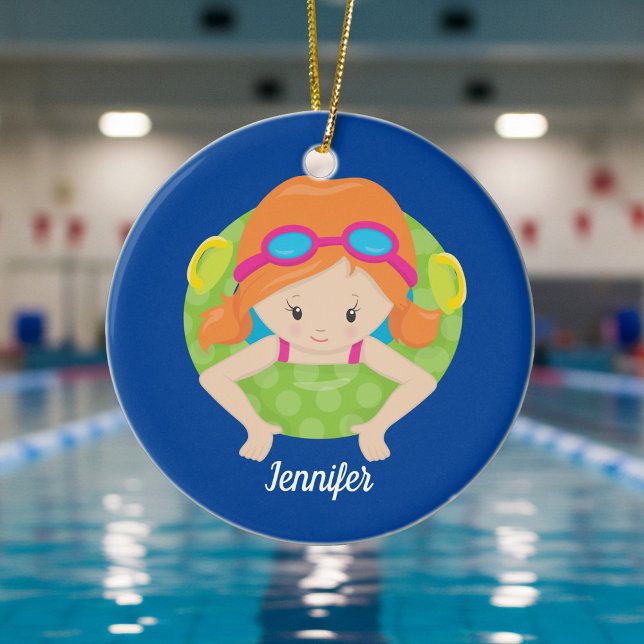 Redhead Swim Team Girl Cute Custom Blue Ceramic Tree Decoration (Creator Uploaded)