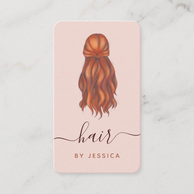 Redhead Wavy Hair Hairstylist Logo & Social Media Business Card (Front)