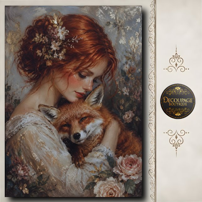 Redhead Woman Fox Roses Decoupage Tissue Paper (Redhead Woman Fox Roses Decoupage Tissue Paper)