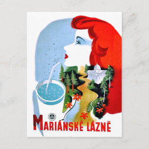 Redhead woman is drinking water, Marianske Lazne Postcard