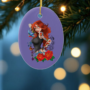 Redhead Woman Tattoos Ceramic Tree Decoration