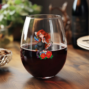 Redhead Woman Tattoos Stemless Wine Glass