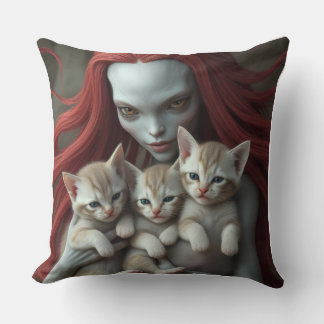 Redheaded Alien Holding Kittens Cushion