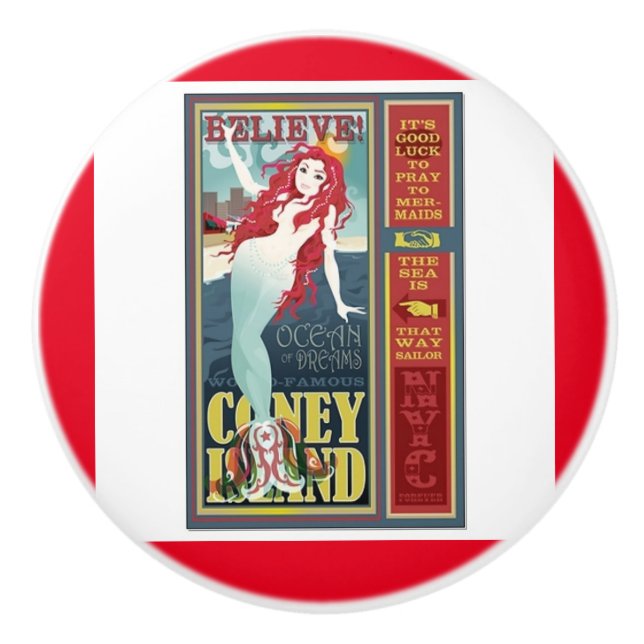 redheaded coney island mermaid ceramic knob (Front)