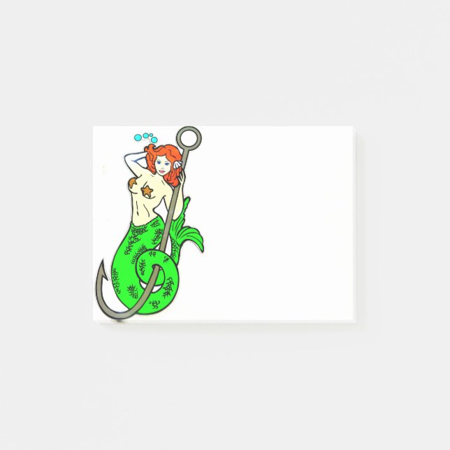 redheaded green-tail mermaid post-it notes (Front)