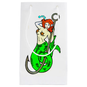 redheaded green-tail mermaid small gift bag