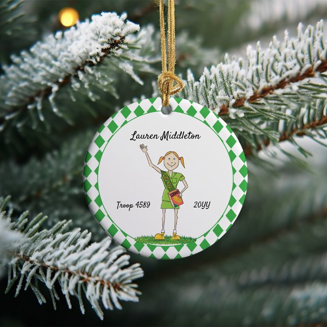 Redheaded Junior Girl Scouting Green Diamond Shape Ceramic Tree Decoration (Creator Uploaded)