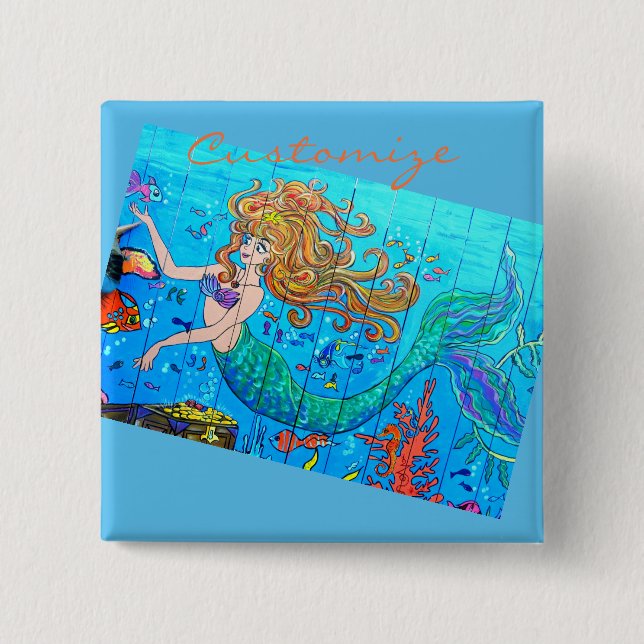 redheaded mermaid blue 15 cm square badge (Front)