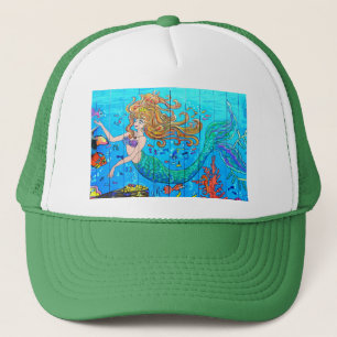 redheaded mermaid green trucker hat