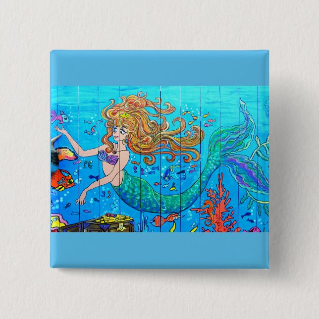 redheaded mermaid underwater 15 cm square badge (Front)