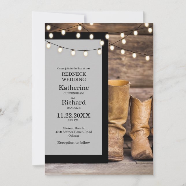 Redneck Wedding Cowboy Boots Lights Grey & Black Invitation (Front)