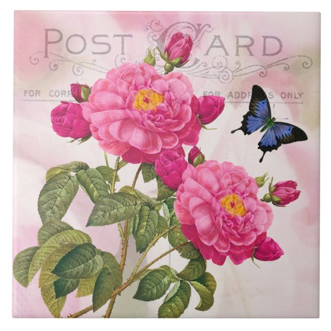 Redoute French Pink Roses Ceramic Tile (Front)