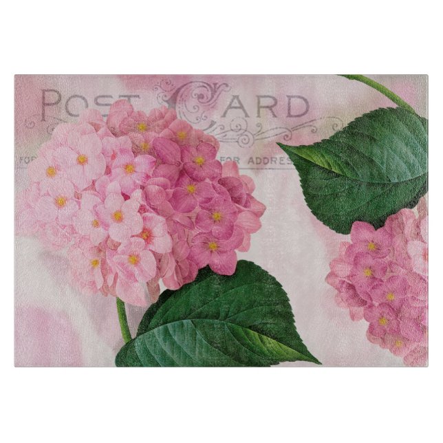 Redoute Pink Hydrangea Flowers Glass Cutting Board (Front)
