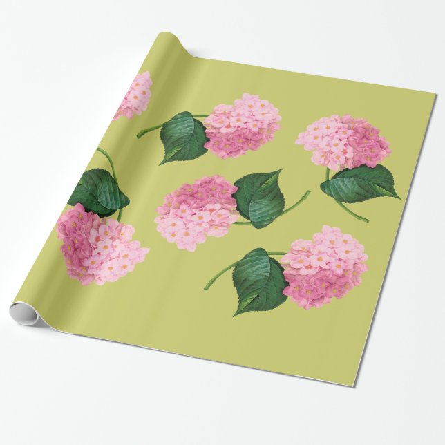 Redoute Pink Hydrangea Wrapping Paper (Unrolled)