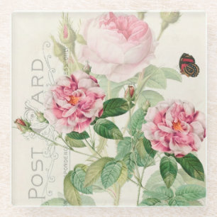Redoute Pink Roses Flowers Accent Glass Coaster