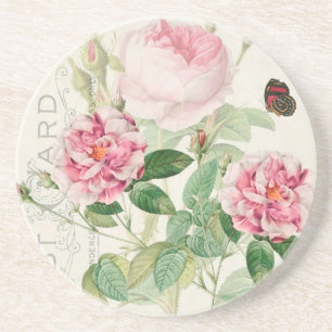 Redoute Pink Roses Flowers Sandstone Coaster