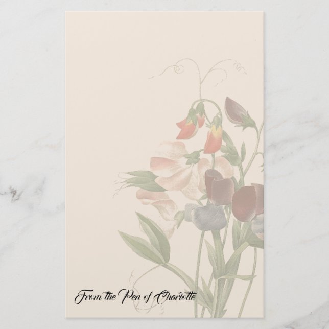 Redoute Sweet Peas Flowers Personalised Stationery (Front)