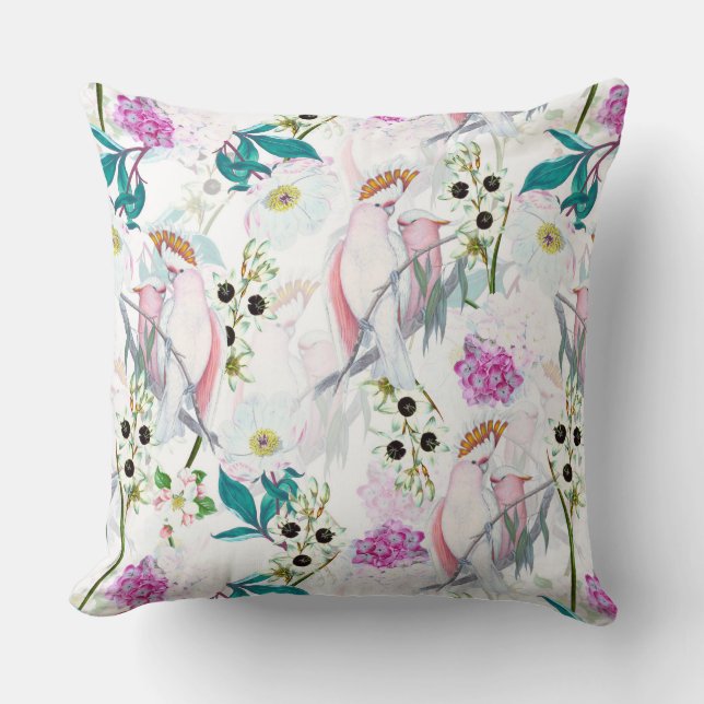Redouté Tropical Flowers and Birds Pattern - white Cushion (Front)