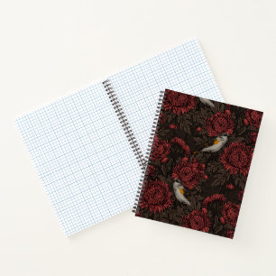 Redstarts in the chrysanthemums in brown and red notebook