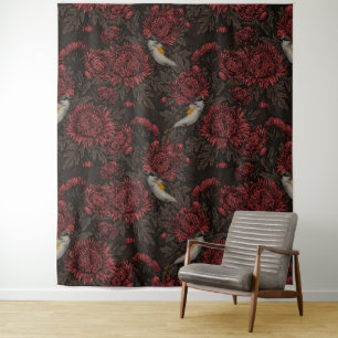 Redstarts in the chrysanthemums in brown and red tapestry