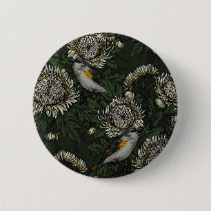 Redstarts in the chrysanthemums in green and white 6 cm round badge