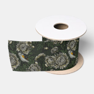 Redstarts in the chrysanthemums in green and white satin ribbon
