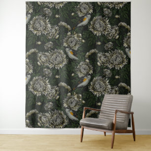 Redstarts in the chrysanthemums in green and white tapestry