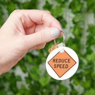 Reduce Speed Orange Diamond Road Sign Key Ring