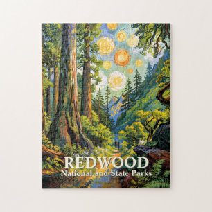 Redwood Mountain Forest Colorful Hiking Painting Jigsaw Puzzle