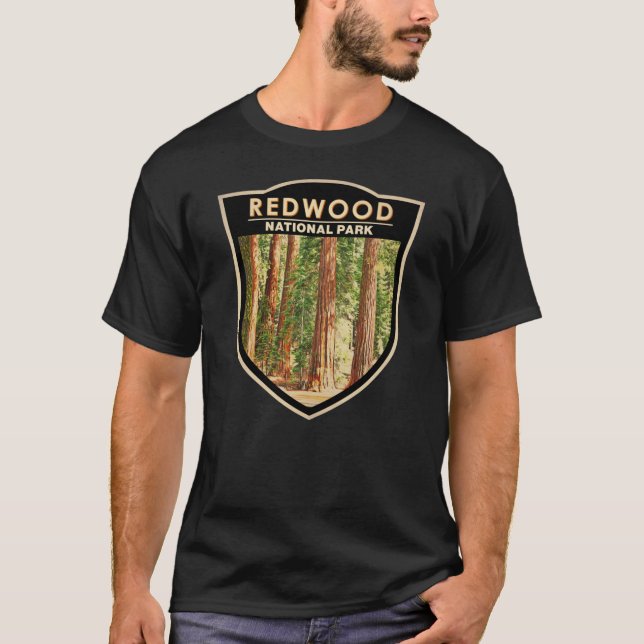 Redwood National Park California Watercolor Badge T-Shirt (Front)