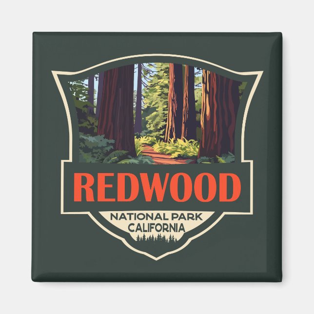 Redwood National Park Illustration Retro Badge Magnet (Front)