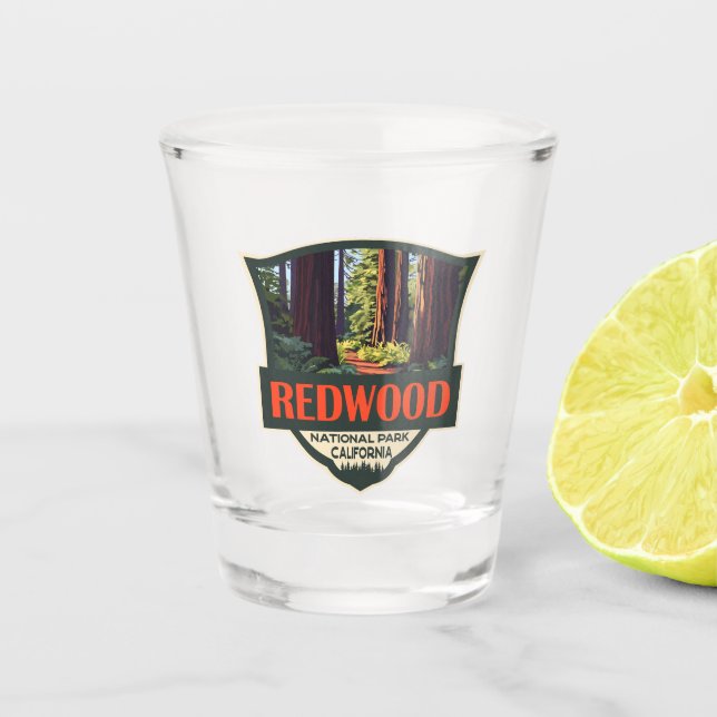 Redwood National Park Illustration Retro Badge Shot Glass (Front)