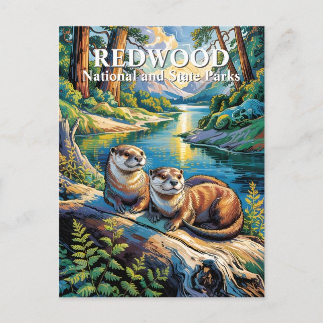 Redwood National Park Otters Modern Van Gogh Postcard (Front)