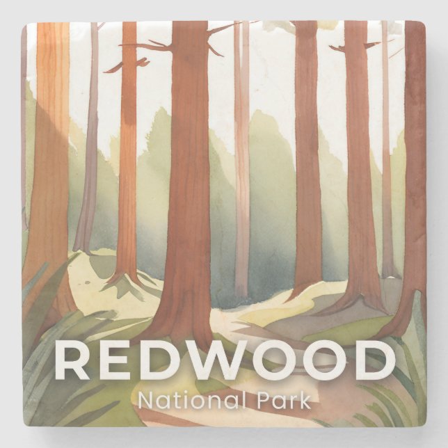 Redwood National Park | Watercolor Travel Art Stone Coaster (Front)