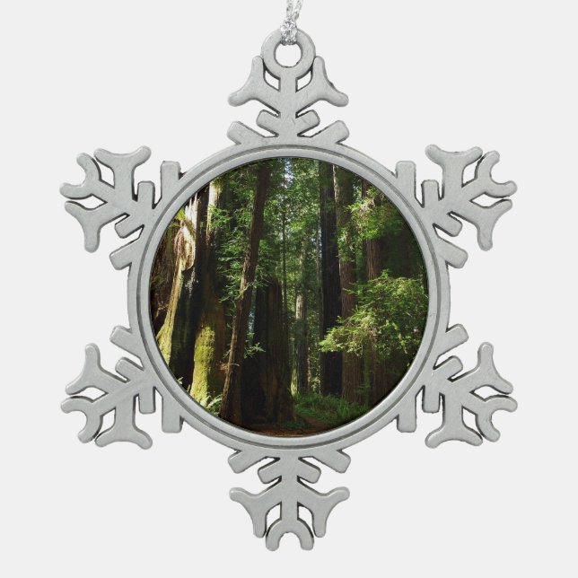 Redwoods and Ferns at Redwood National Park Snowflake Pewter Christmas Ornament (Front)