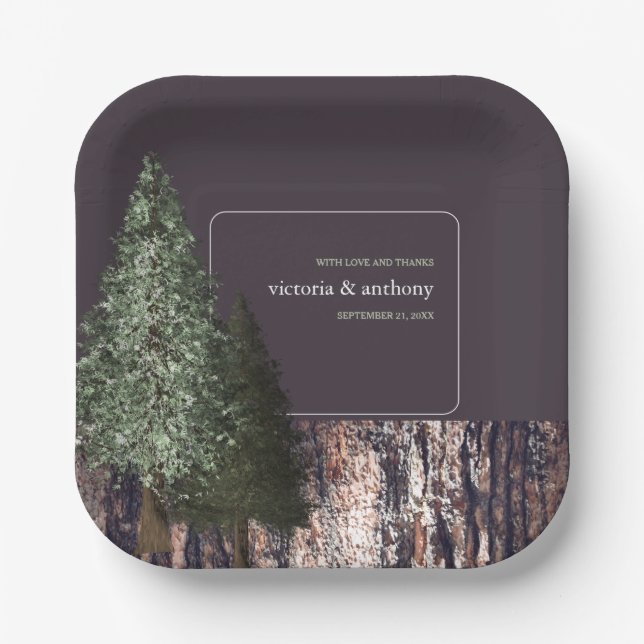 Redwoods & Bark, Rustic Wedding Paper Plate (Front)