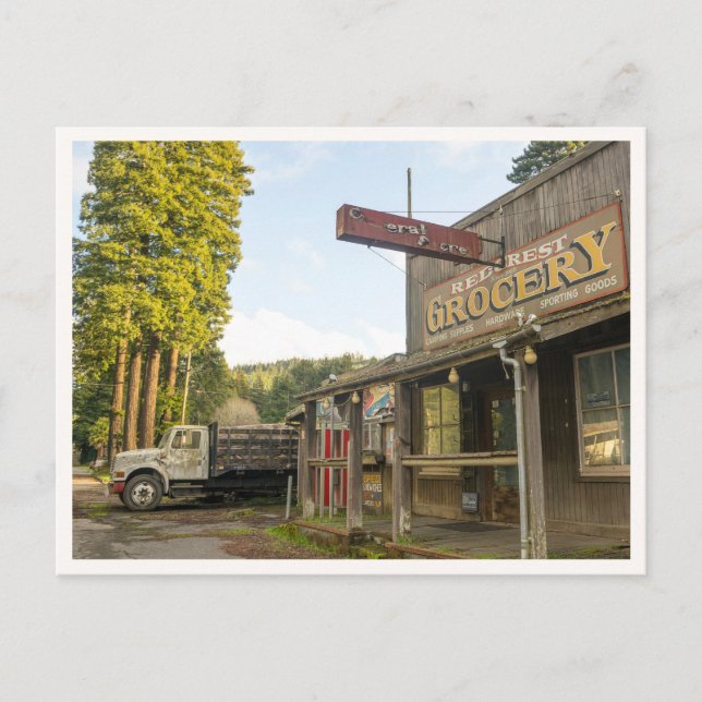 Redwoods National Park Trees & Rustic Grocery Postcard (Front)